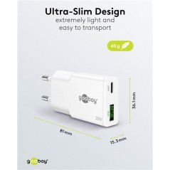 Opladere og kabler - Hurtladende slim strømadapter med USB-A og USB-C PD 20 W sort/hvid GaN