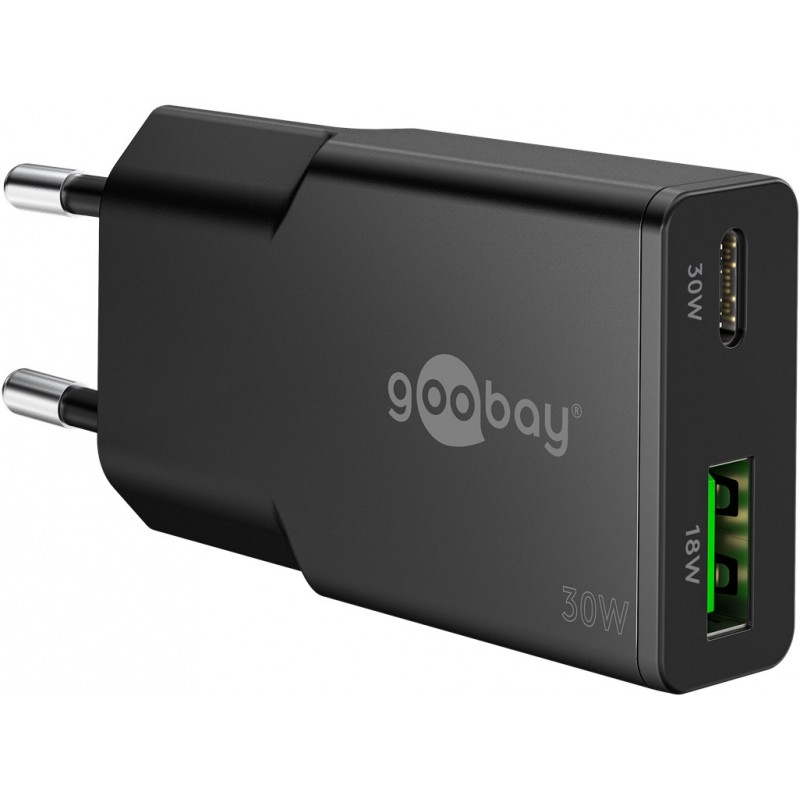 Opladere og kabler - Hurtigopladende kompakt GaN-strømadapter med USB-C PD 30 W og USB-A, sort/hvid
