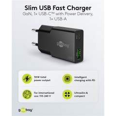 Opladere og kabler - Hurtigopladende kompakt GaN-strømadapter med USB-C PD 30 W og USB-A, sort/hvid