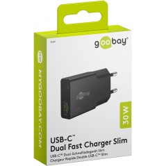 Opladere og kabler - Hurtigopladende kompakt GaN-strømadapter med USB-C PD 30 W og USB-A, sort/hvid