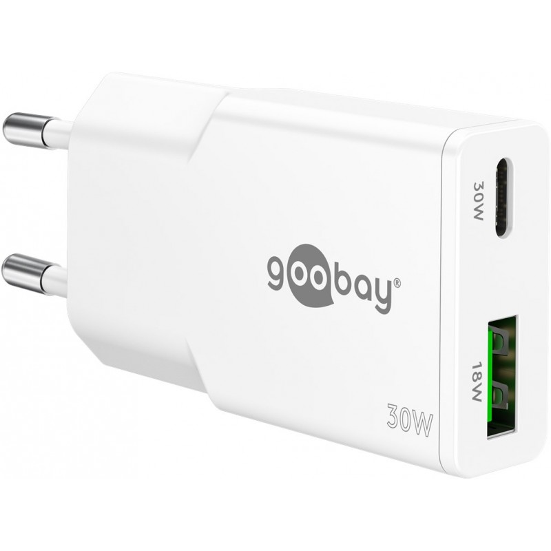 Opladere og kabler - Hurtigopladende kompakt GaN-strømadapter med USB-C PD 30 W og USB-A, sort/hvid