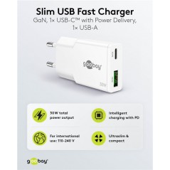 Opladere og kabler - Hurtigopladende kompakt GaN-strømadapter med USB-C PD 30 W og USB-A, sort/hvid