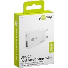 Opladere og kabler - Hurtigopladende kompakt GaN-strømadapter med USB-C PD 30 W og USB-A, sort/hvid