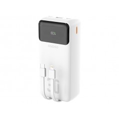 Dudao powerbank 30.000 mAh 22,5 W med indbygget Lightning- og USB-C-kabel
