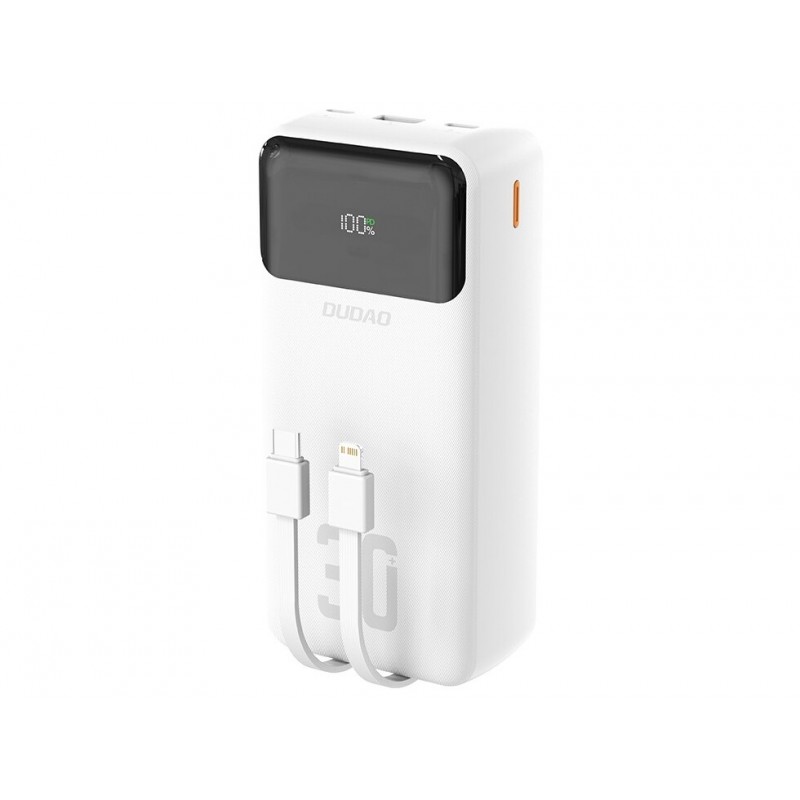 Portable batterier - Dudao powerbank 30.000 mAh 22,5 W med indbygget Lightning- og USB-C-kabel