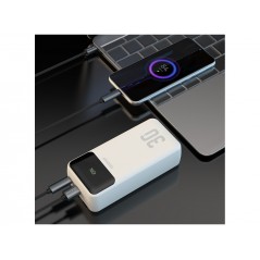 Dudao powerbank 30.000 mAh 22,5 W med indbygget Lightning- og USB-C-kabel