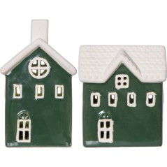 2-pak grøn keramisk hus 15 cm med belysning juledekoration