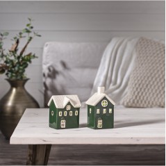 2-pak grøn keramisk hus 15 cm med belysning juledekoration