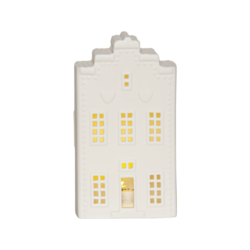 Julepynt og juleudsmykning - Hvidt keramisk hus 16 cm med belysning juledekoration