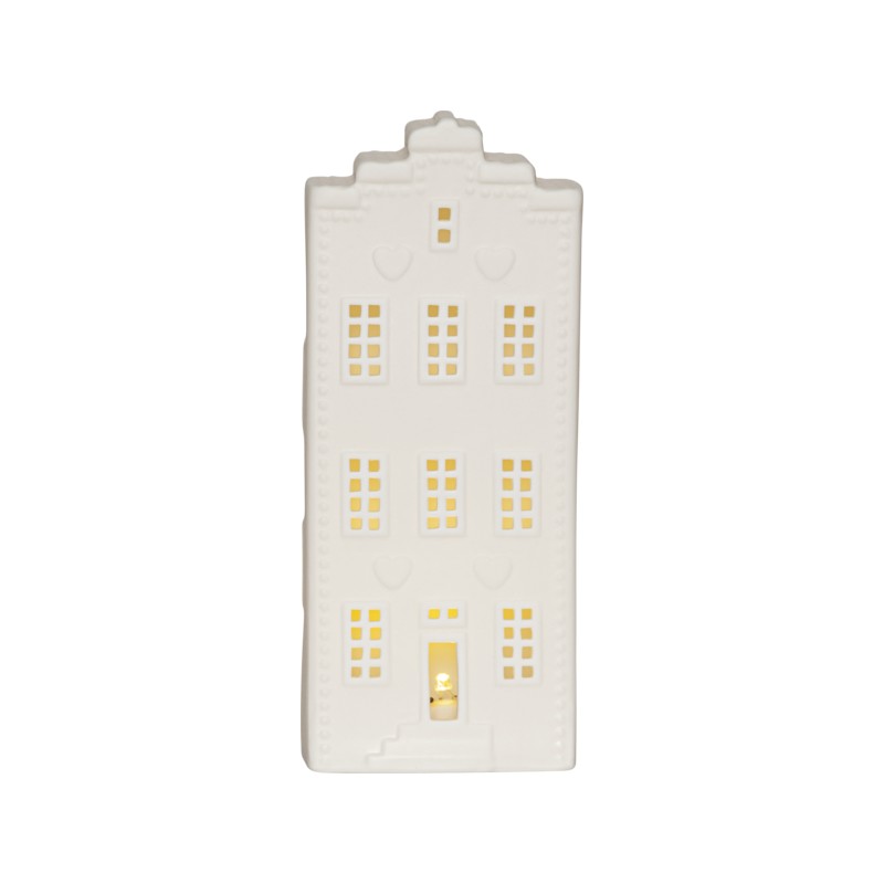 Julepynt og juleudsmykning - Hvidt keramisk hus 21 cm med belysning juledekoration