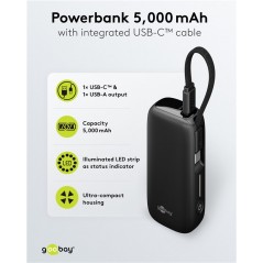 Portable batterier - Goobay powerbank 5000 mAh 20W med USB-C-kabel og 1x USB-C, 1x USB