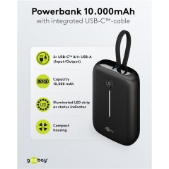Portable batterier - Goobay powerbank 10.000 mAh 20W med indbygget USB-C-kabel og 1x USB-C, 1x USB