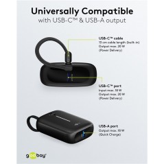 Portable batterier - Goobay powerbank 10.000 mAh 20W med indbygget USB-C-kabel og 1x USB-C, 1x USB