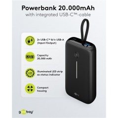 Portable batterier - Goobay powerbank 20.000 mAh 30W med indbygget USB-C-kabel og 1x USB-C, 1x USB