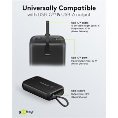 Portable batterier - Goobay powerbank 20.000 mAh 30W med indbygget USB-C-kabel og 1x USB-C, 1x USB