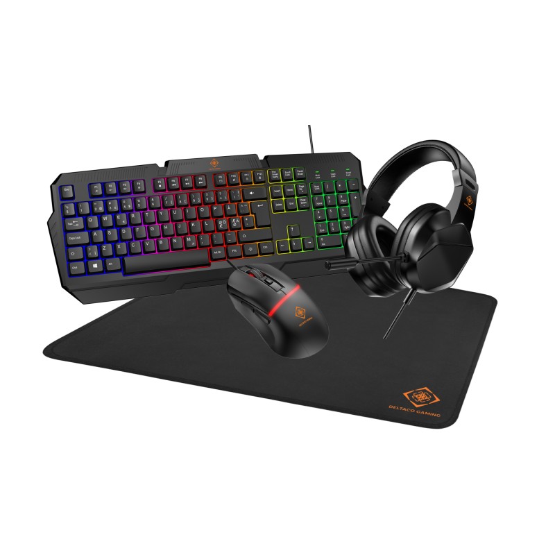 Pakke med gamingtastatur og mus - Deltaco 4-i-1 gaming-sæt med tastatur, headset, mus og musemåtte