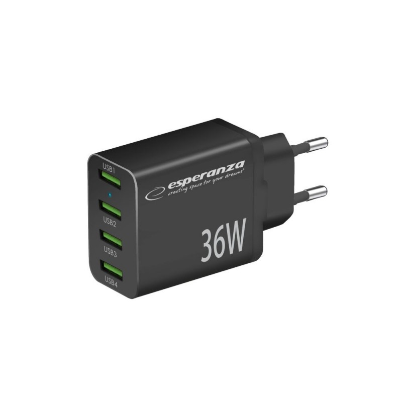 Vægladere til mobiltelefon - Esperanza 36 Watt AC-adapter vægoplader med 4x USB