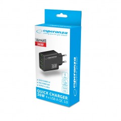 Vægladere til mobiltelefon - Esperanza 36 Watt AC-adapter vægoplader med 4x USB