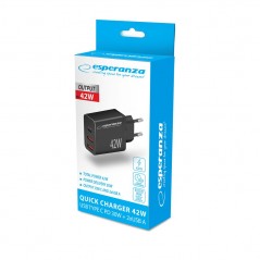 Vægladere til mobiltelefon - Esperanza 42 Watt AC-adapter vægoplader med 1x USB-C og 2x USB