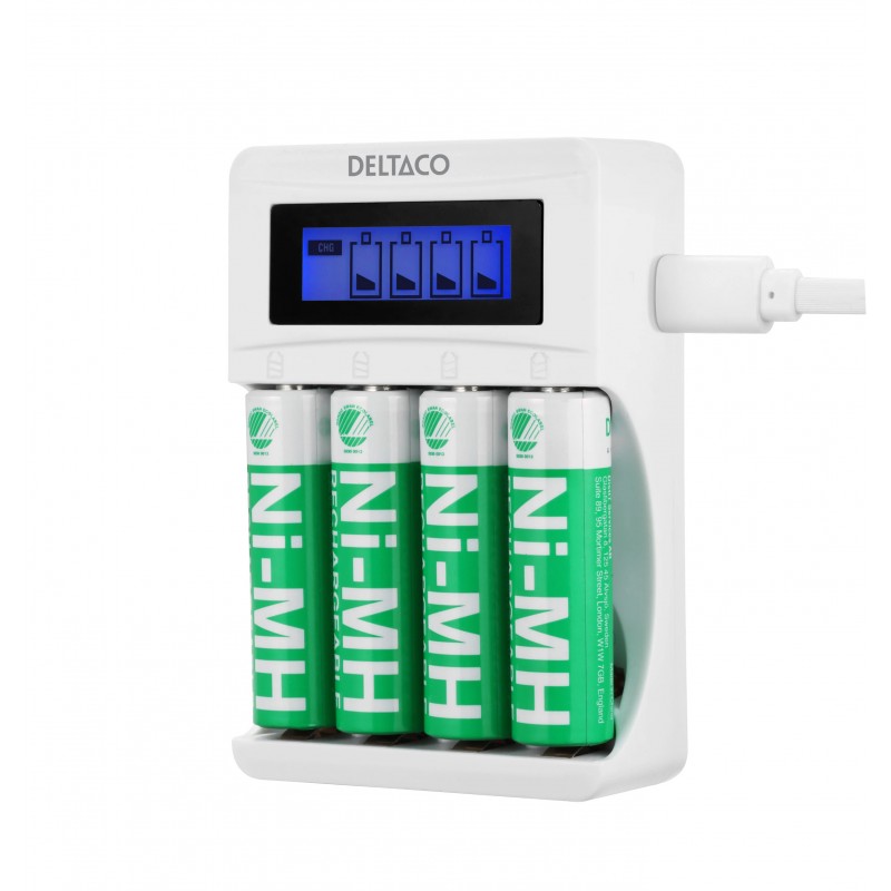 Batterier & batteri tester - Deltaco USB-drevet batterioplader (4-6 timer) inklusive 4x AA-batterier