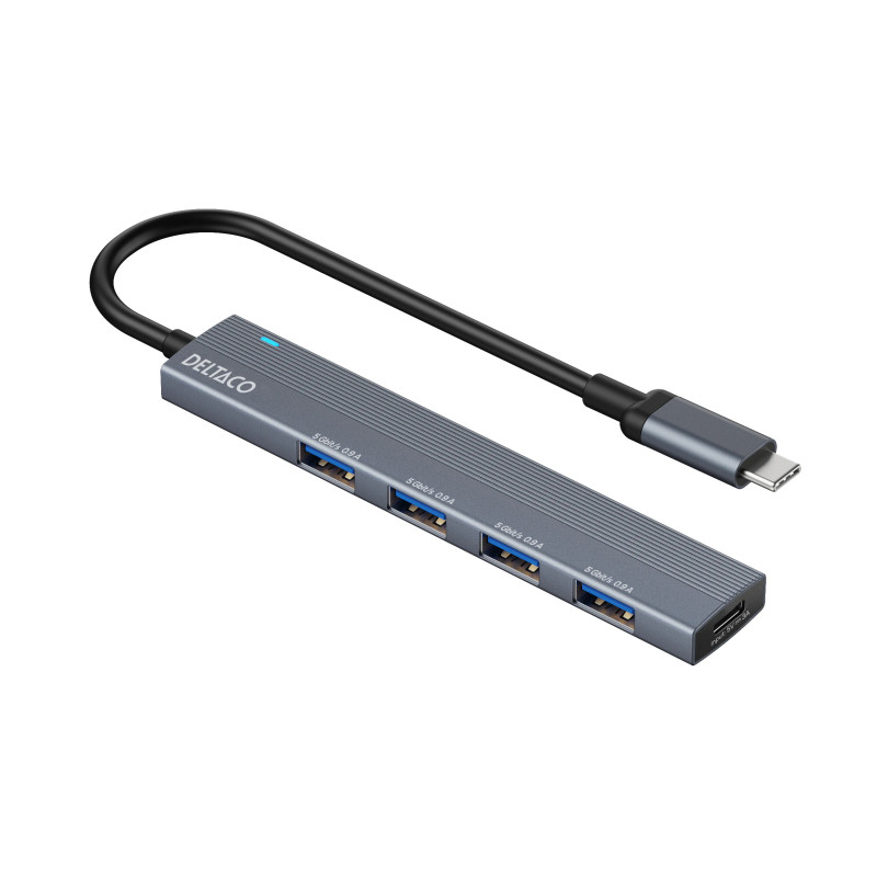 USB-kabel og USB-hubb - Deltaco USB-C-hub i aluminium med 4 USB 3.0-porte