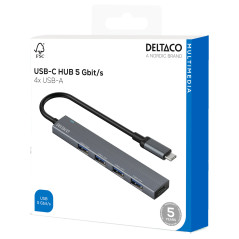 Deltaco USB-C-hub i aluminium med 4 USB 3.0-porte