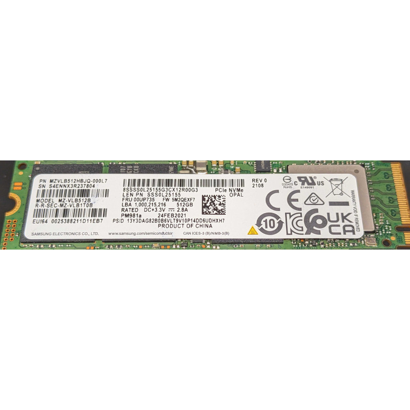 Brugte harddiske - Samsung PM981a 512 GB PCIe Gen 3 x4 M.2 2280 OPAL NVMe SSD-harddisk (brugt)