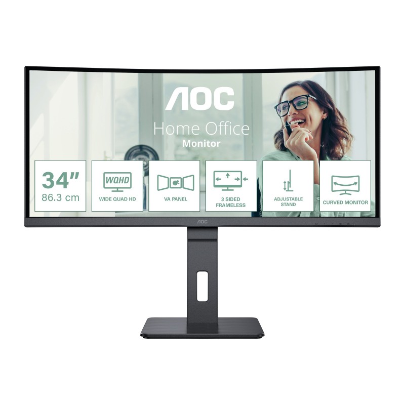 Computertilbehør - AOC Pro-line CU34P3CV 34" buet ultrabred skærm med USB-C PD 65 W, KVM-switch/Ethernet og højttalere (demo)