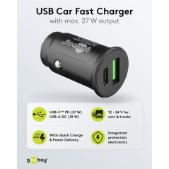 Goobay oplader med 1x USB-C, 1x USB-A og 27 W PD-hurtigopladning