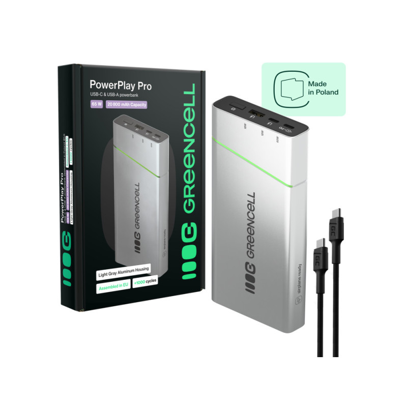 GreenCell hurtigopladende 65 W powerbank på 20 800 mAh med 2 x USB-... Portable batterier - GreenCell hurtigopladende 65 W powerbank på 20 800 mAh med 2 x USB-C og 1 x USB-A