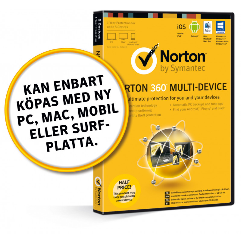 Norton 360 Multi-Device för 5 enheter - halva priset! Antivirus - Norton 360 Multi-Anordning til 5 enheder - halv pris!